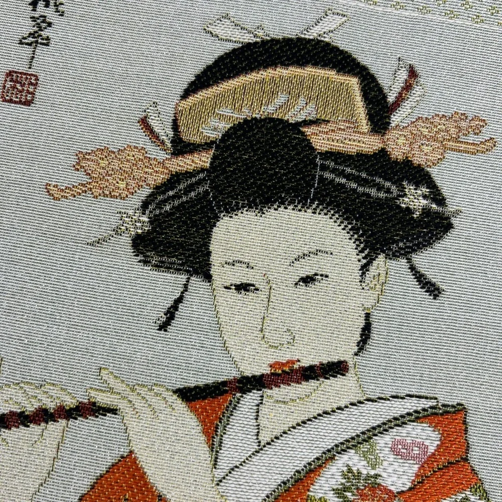 VTG Japanese Geisha Woven Tapestry Art Unisex 13x12 Manga Flute Decor Minimal